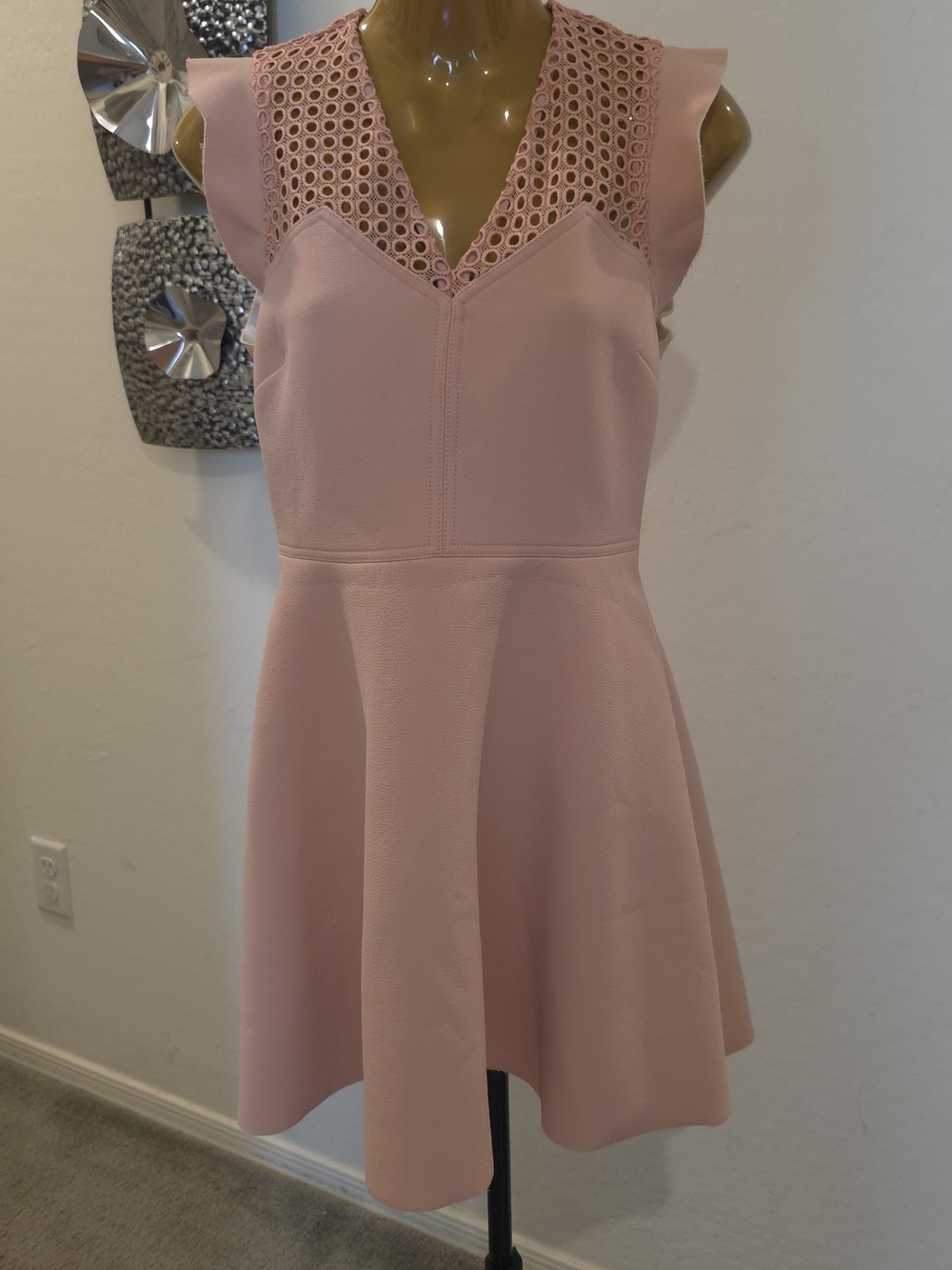 Sandro Paris Baby Pink dress Sz. 2 Lace Detail Sleeveless Mini Fit And Flair
